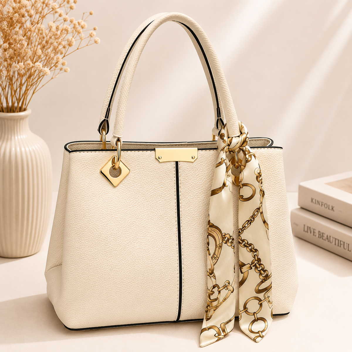 Cartera Tote Elegante con Pañuelo Decorativo